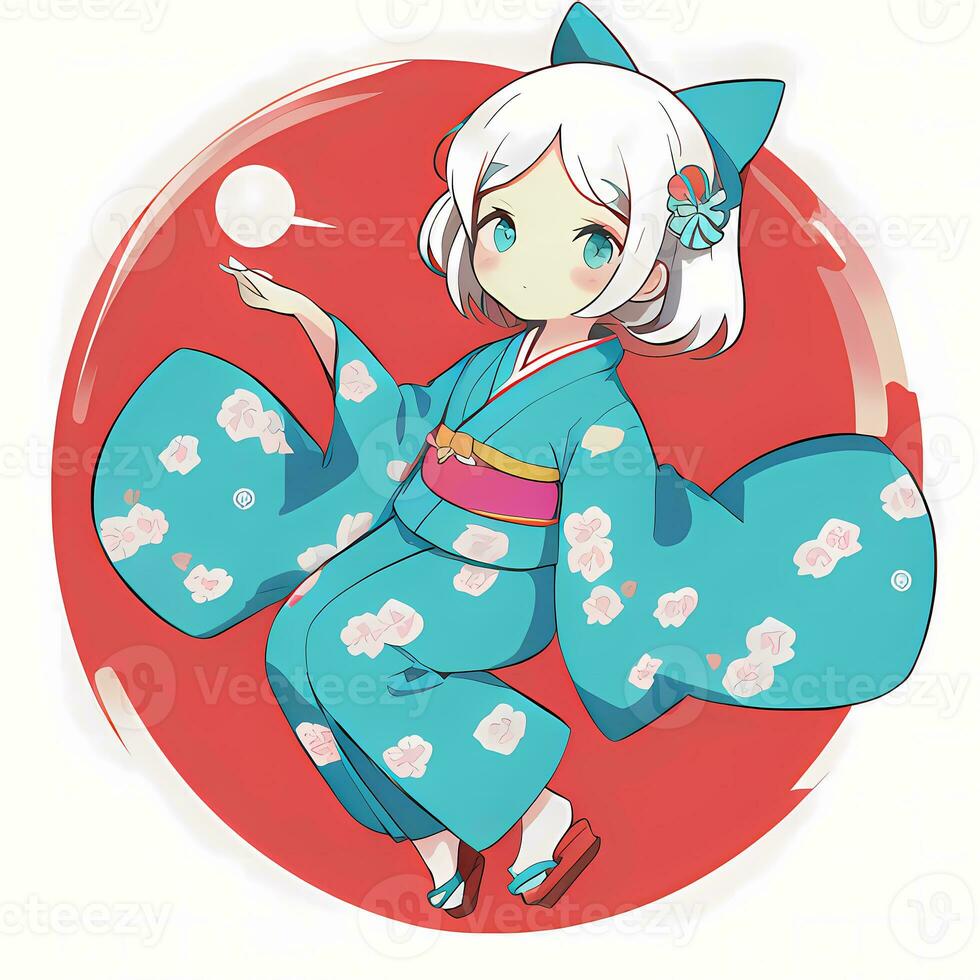 linda kawaii chibi anime niña pegatina linda japonés yukata kimono sencillo vistoso antecedentes foto