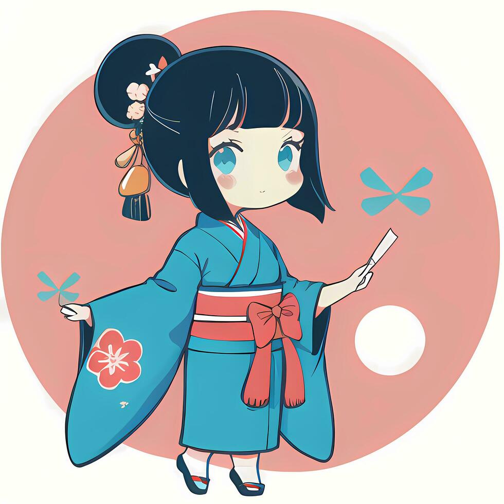 Cute Kawaii Chibi Anime Girl Sticker Cute Japanese Yukata Kimono Simple Colorful Background photo