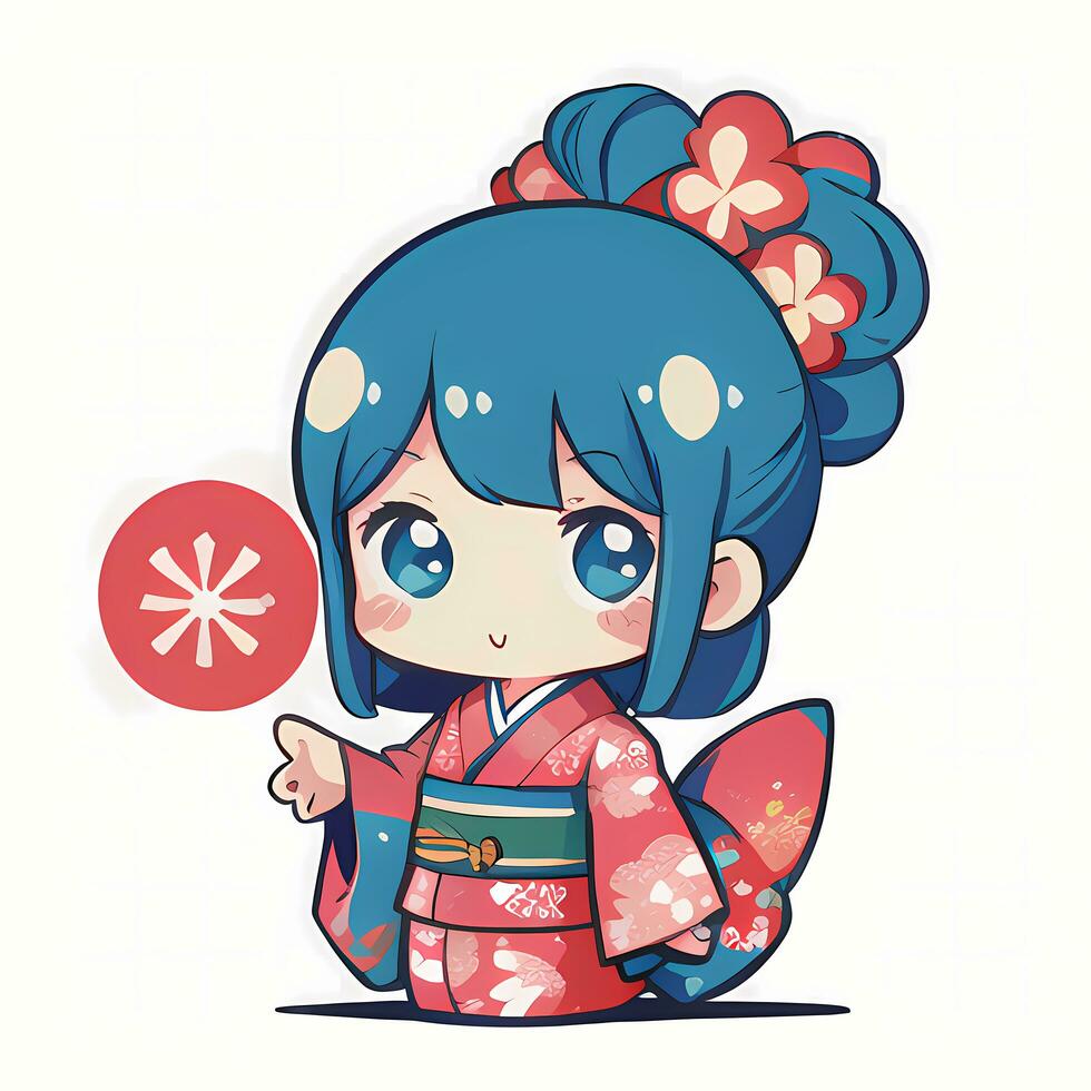 Cute Kawaii Chibi Anime Girl Sticker Cute Japanese Yukata Kimono Simple Colorful Background photo