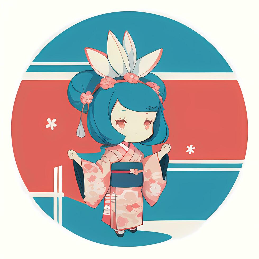 Cute Kawaii Chibi Anime Girl Sticker Cute Japanese Yukata Kimono Simple Colorful Background photo