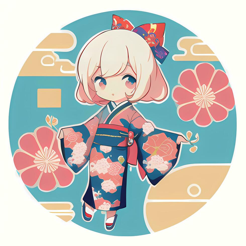 Cute Kawaii Chibi Anime Girl Sticker Cute Japanese Yukata Kimono Simple Colorful Background photo