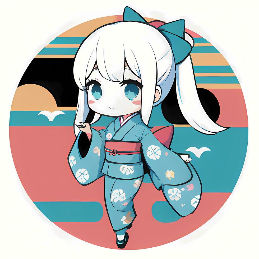 Cute Kawaii Chibi Anime Girl Sticker Cute Japanese Yukata Kimono Simple Colorful Background photo