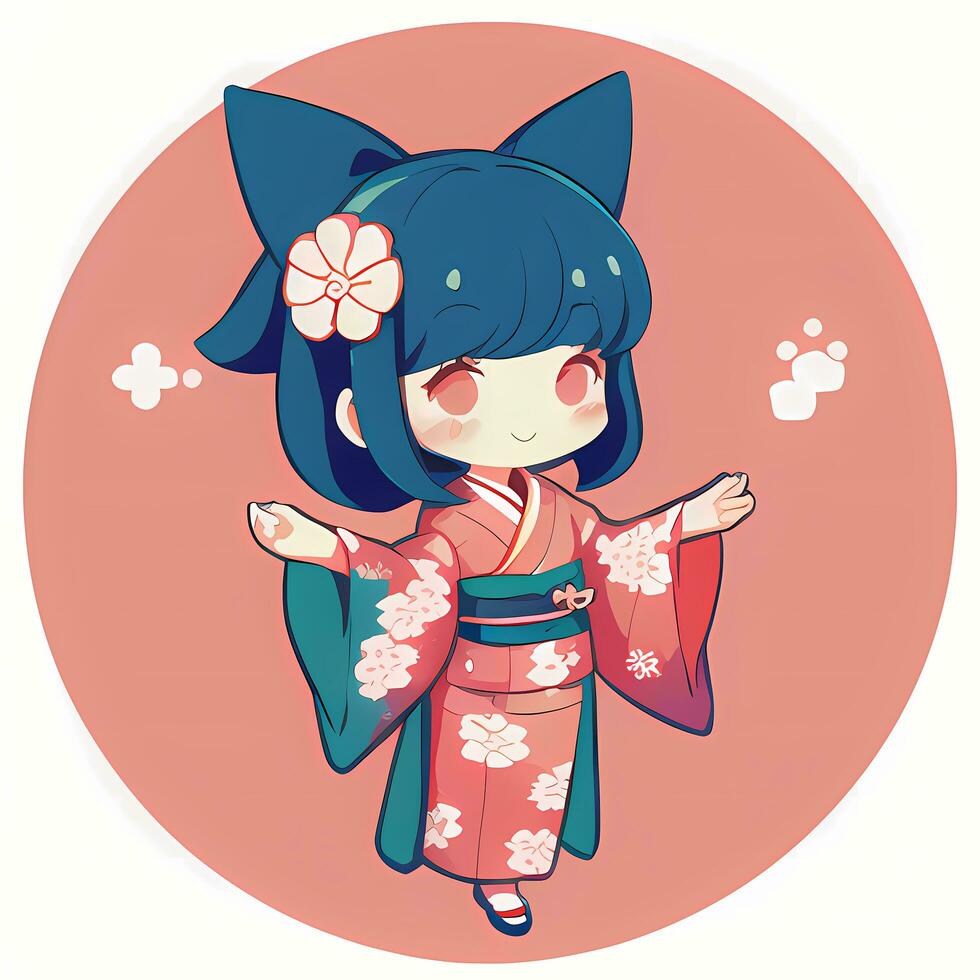 Cute Kawaii Chibi Anime Girl Sticker Cute Japanese Yukata Kimono Simple Colorful Background photo