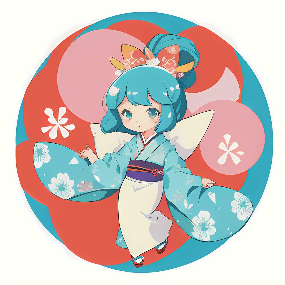 Cute Kawaii Chibi Anime Girl Sticker Cute Japanese Yukata Kimono Simple Colorful Background photo