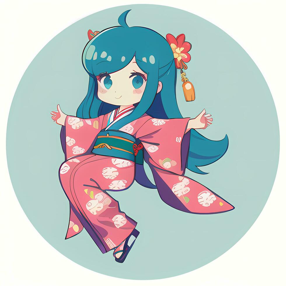 Cute Kawaii Chibi Anime Girl Sticker Cute Japanese Yukata Kimono Simple Colorful Background photo