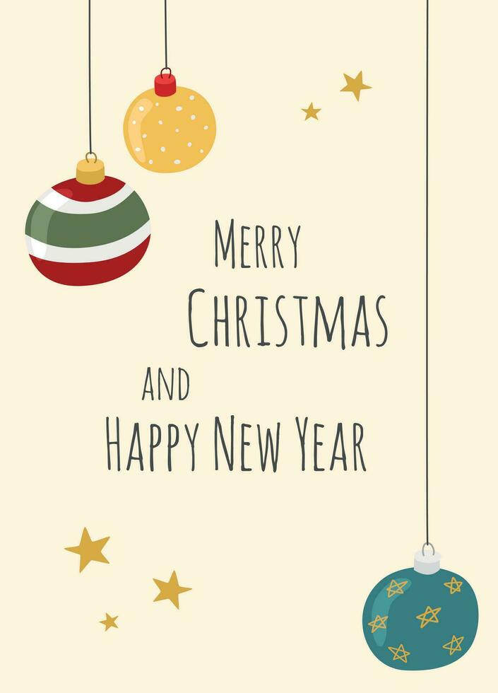 Christmas greeting card with christmas balls of different colors, golden stars, light yellow background and the text Merry Christmas and Happy New Year vector