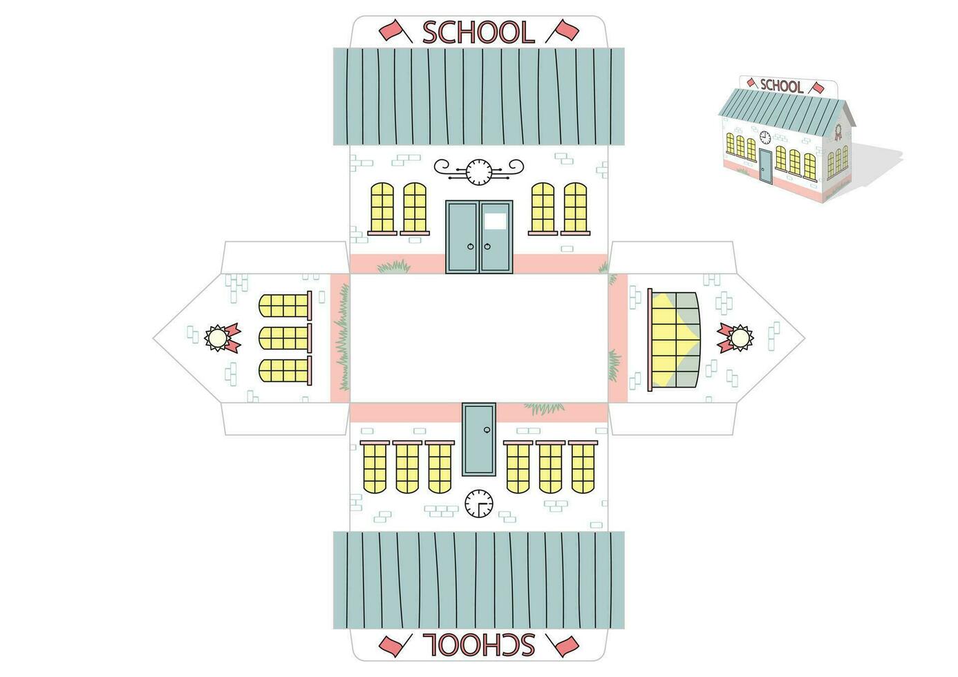 Make your own toy school building cut and glue paper craft model. Children art game. Vector illustration