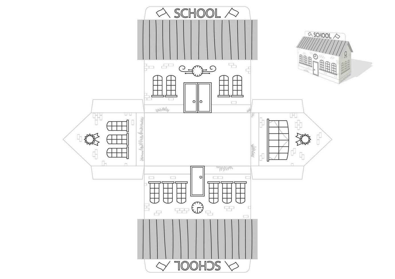 juguete colegio casa imprimible morir cortar modelo. simple, rápido, fácil a doblar. aislado monocromo objeto. vector eps10