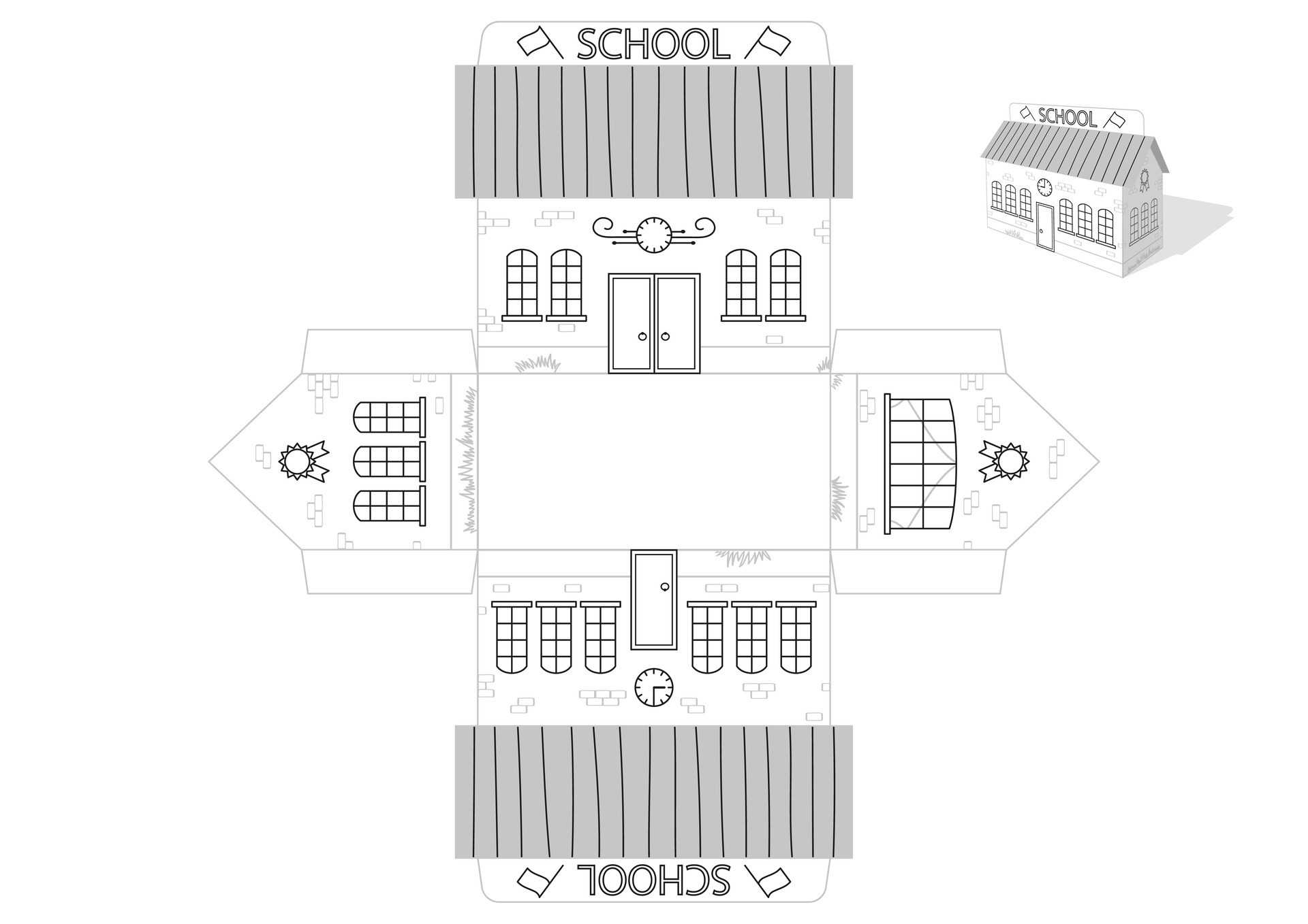 Toy School house printable die cut template. Simple, fast, easy to fold