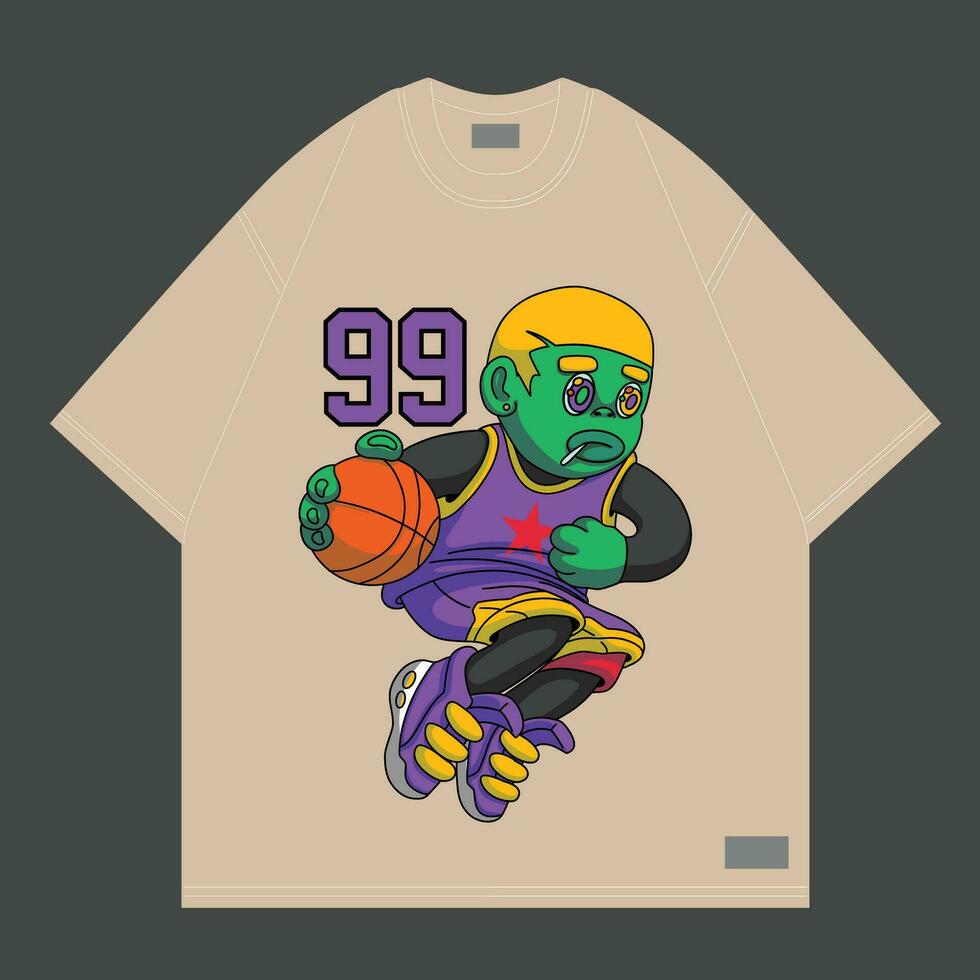 baloncesto jugador saltando dibujos animados personaje para ropa de calle o merch vector