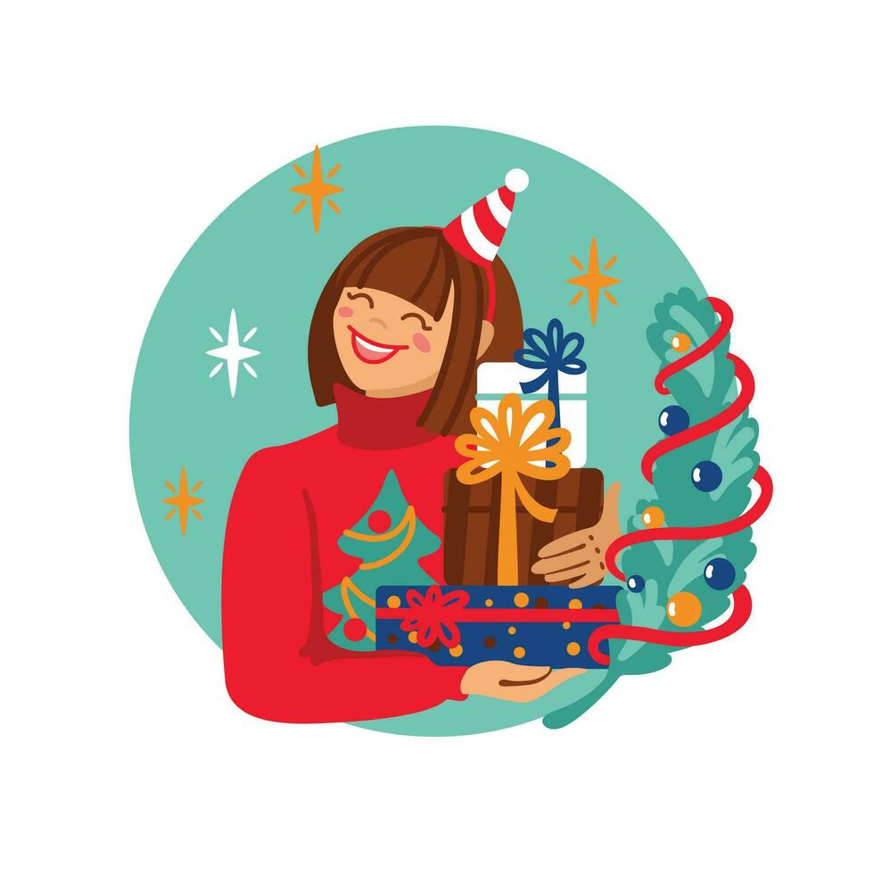 Girl packed Christmas gifts to put under the tree. vector