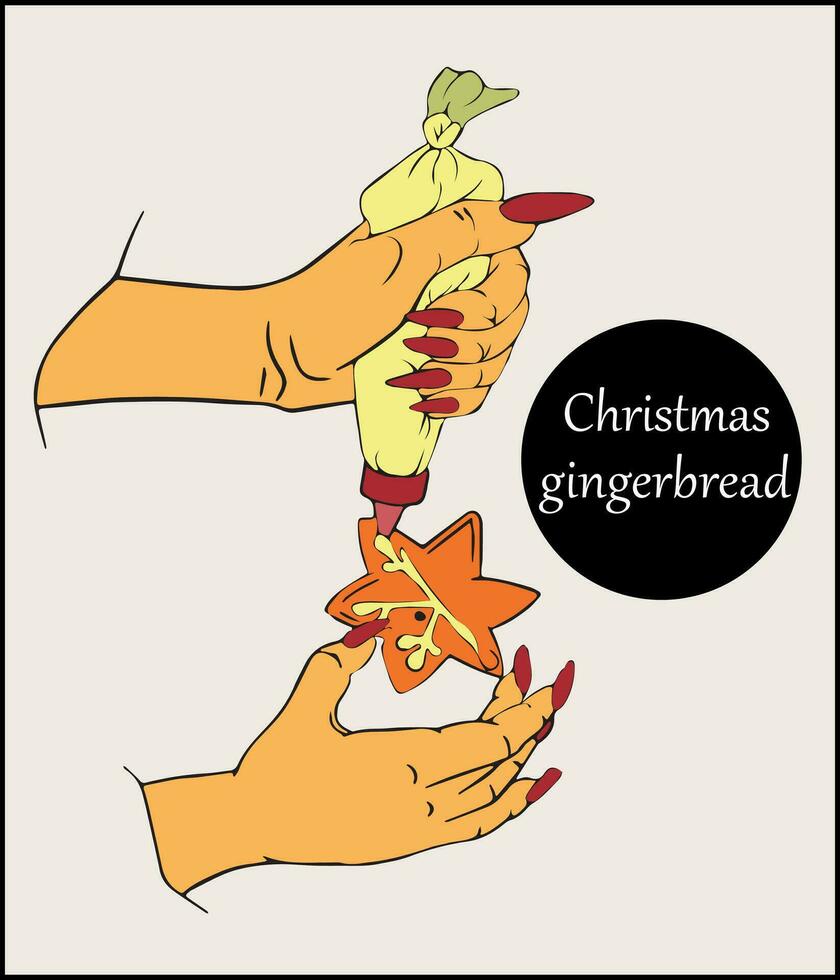 Woman decorates Christmas gingerbread cookies with icing sugar. Festive mood, homemade fragrant pastries. vector