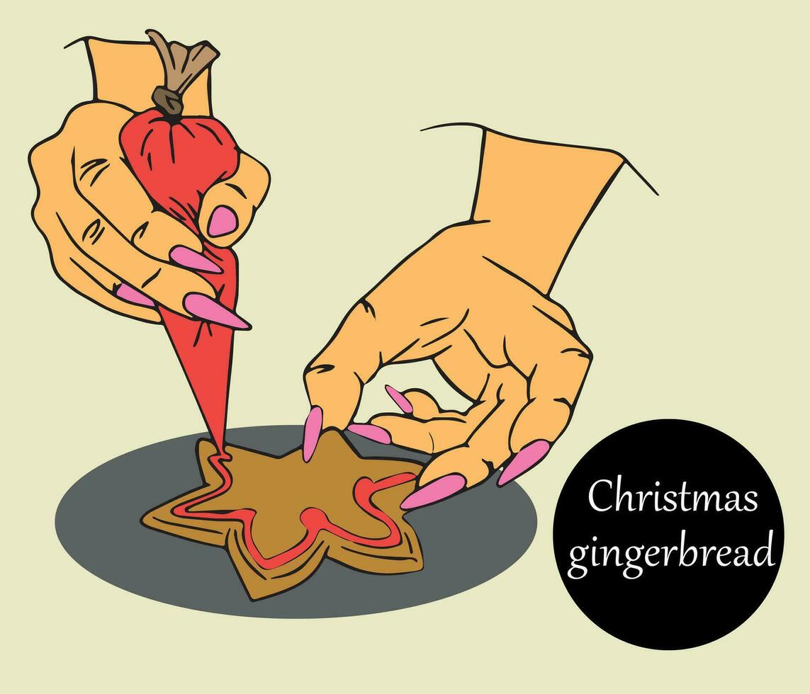Female hand decorates Christmas gingerbread cookies with sugar icing. Homemade fragrant pastries. Festive winter mood. vector