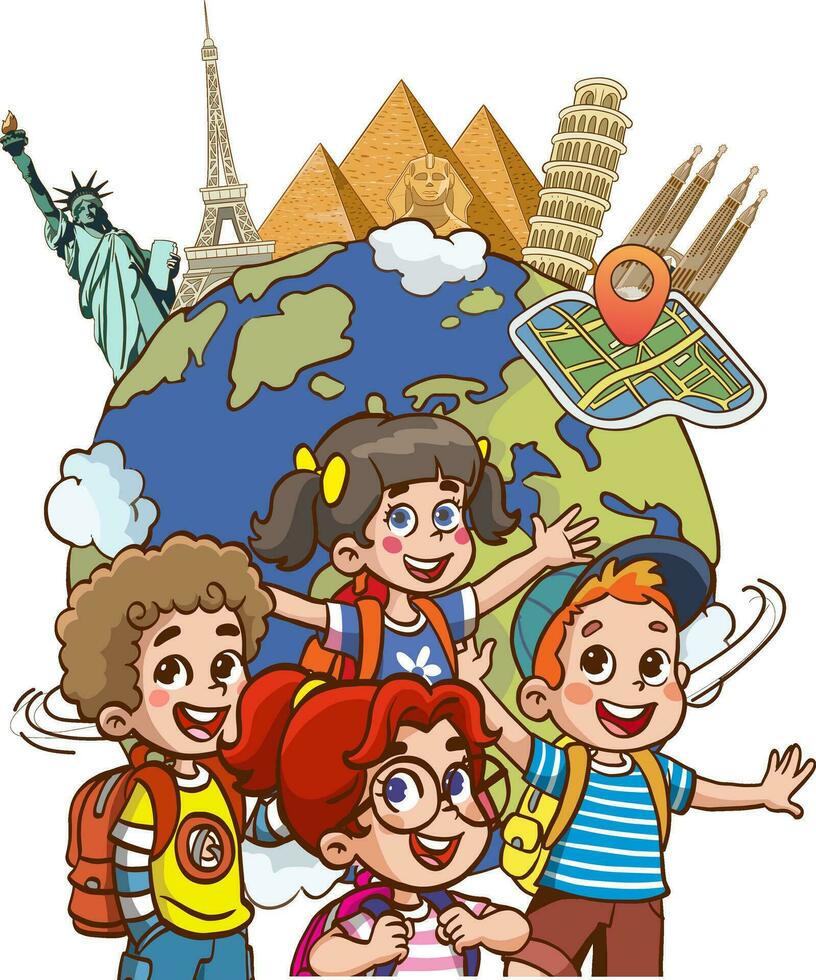 vector illustration of world tour and kids