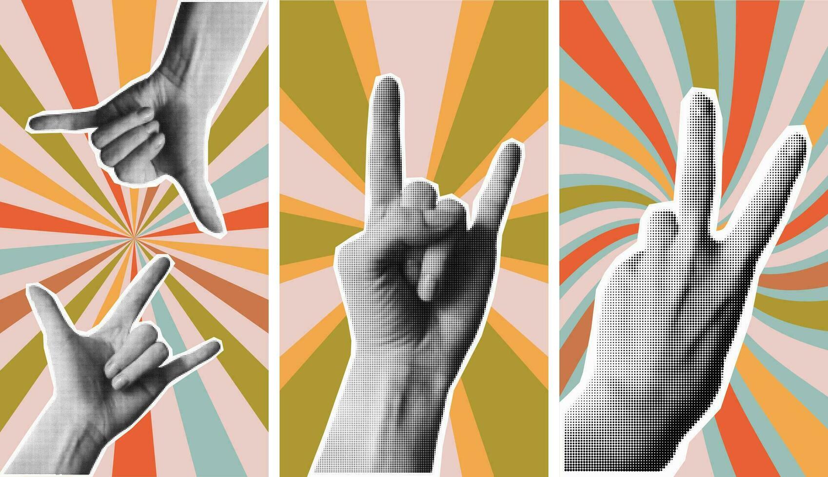 A set of posters with retro backgrounds, wavy lines. Set of halftone collage stickers with hands. Punk, rock, cool doodle elements. Retro style, vintage, 80s. Retro halftone template for banner,poster vector