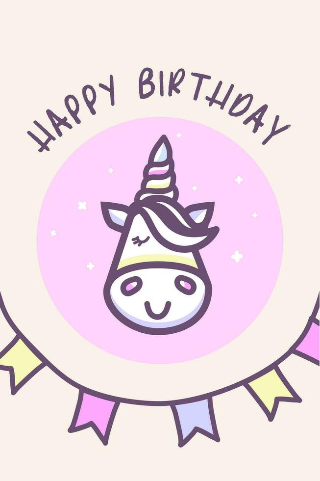 Funny happy birthday postcard with unicorn and party flags on a rope. Happy birthday congratulation. Cute unicorn mascot character. vector