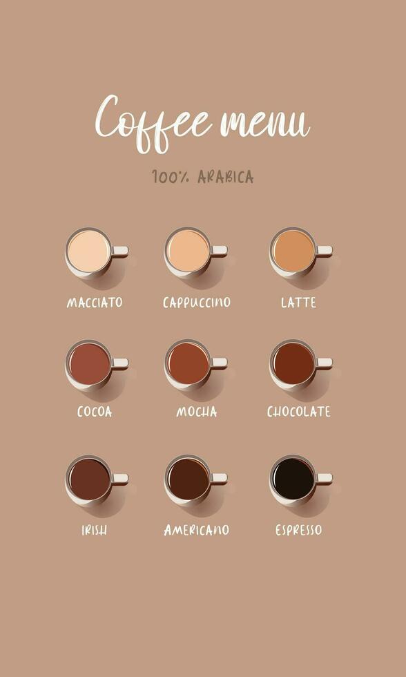 café menú gráfico diseño vector modelo. conjunto de diferente tipos de café, arábica