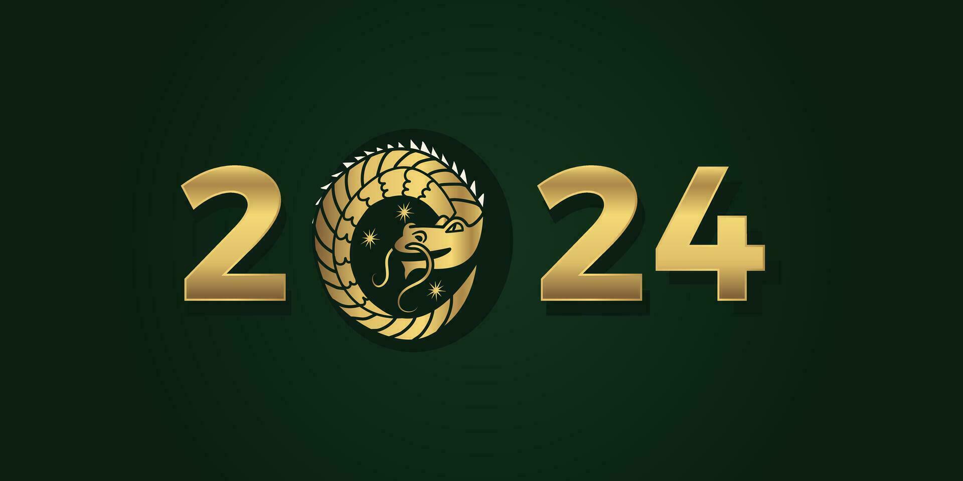 2024 realistic gold 3d text with the dragon. Chinese New Year Green dragon. Happy New Year Postcard or banner vector