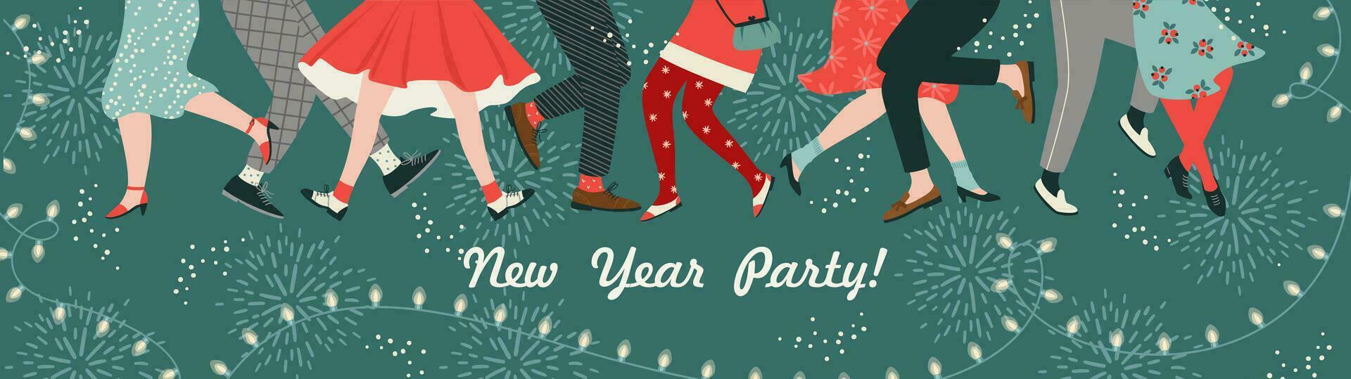 Christmas and Happy New Year illustration of dance party. Trendy retro style. Vector design template.