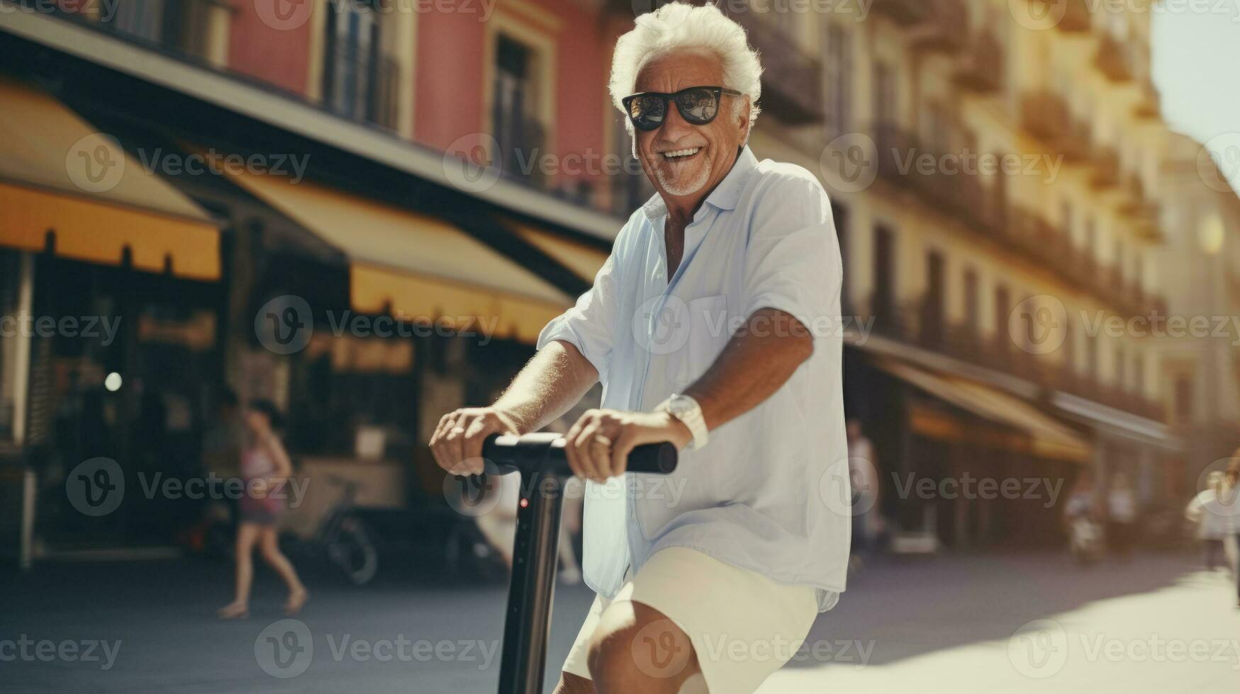 un mayor positivo hombre en un eléctrico scooter en el ciudad foto