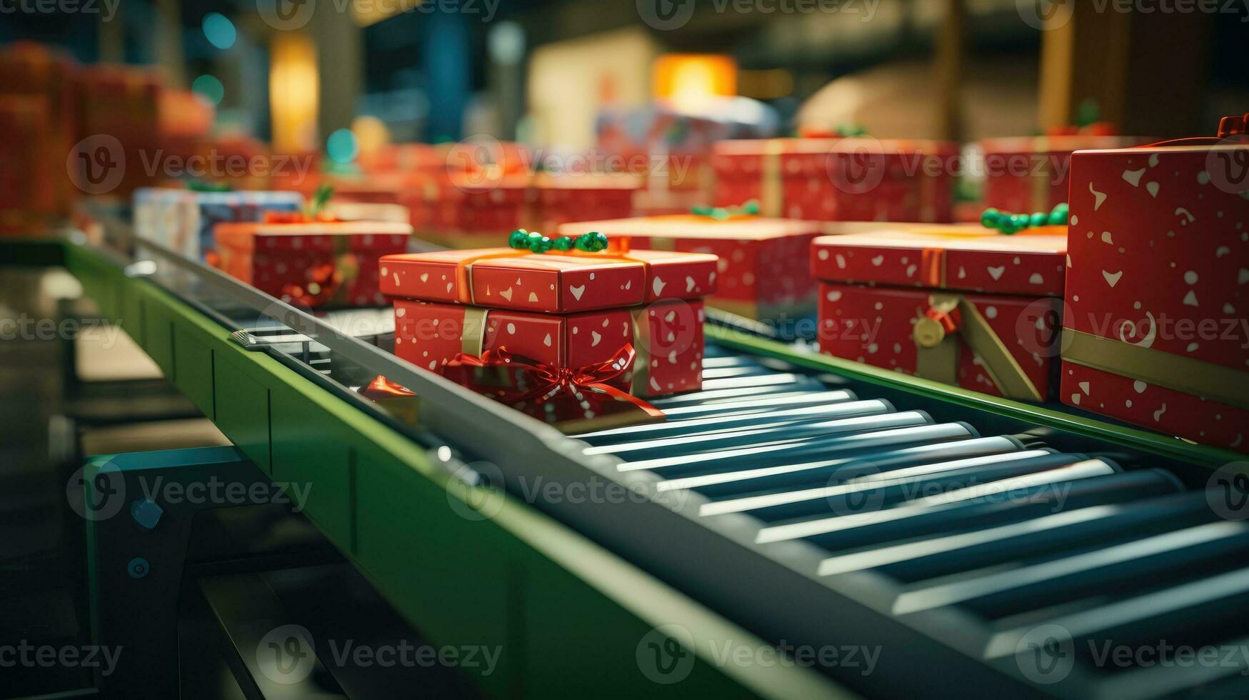 Christmas gift boxes on conveyor rollers ready to be shipped photo