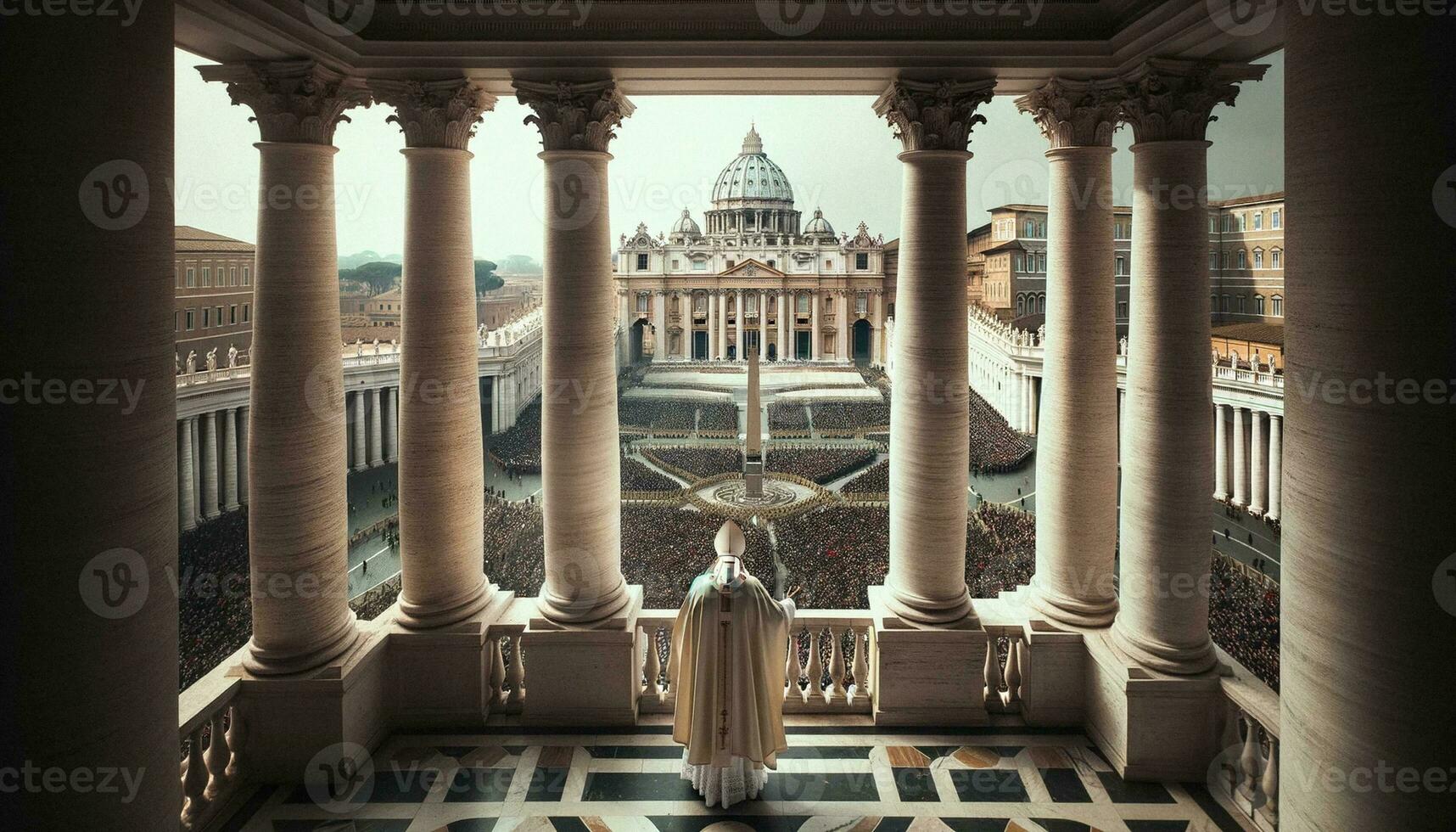 Pope at the Vatican Balcony, Facing the Crowd from Behind. Generative AI. photo