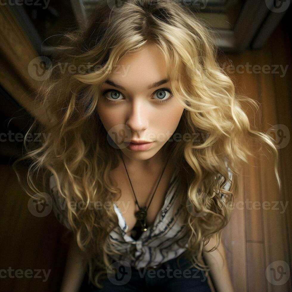 Top-Down View of a Stunning Blonde Woman with Blue Eyes. Generative AI. photo
