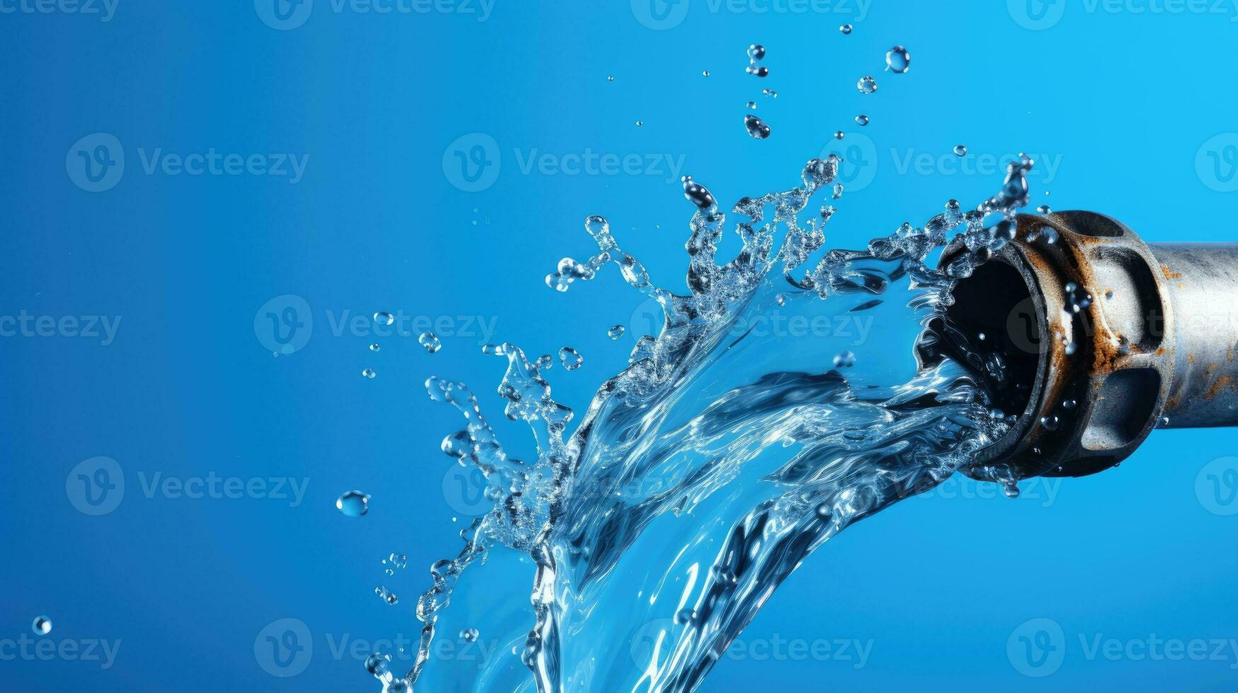 Water pours from a broken metal pipe on a blue. Banner for repair service. photo