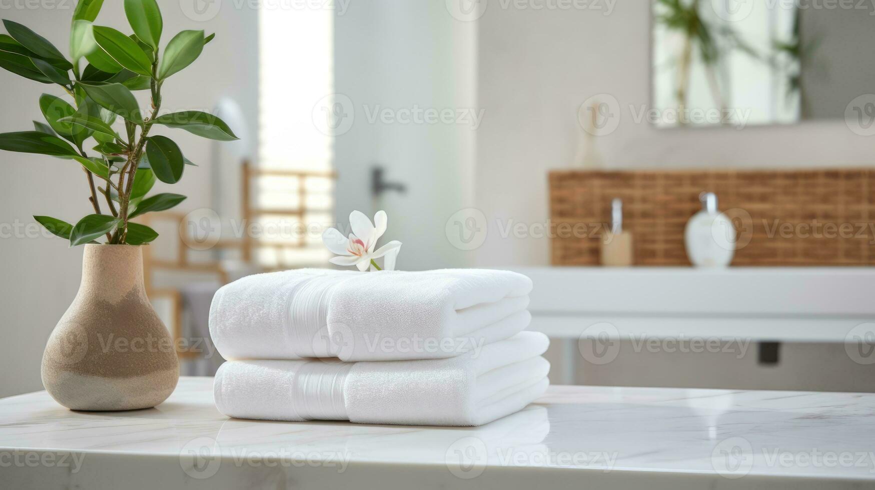 Towels on white marble desk in the foreground and blurred modern bathroom photo