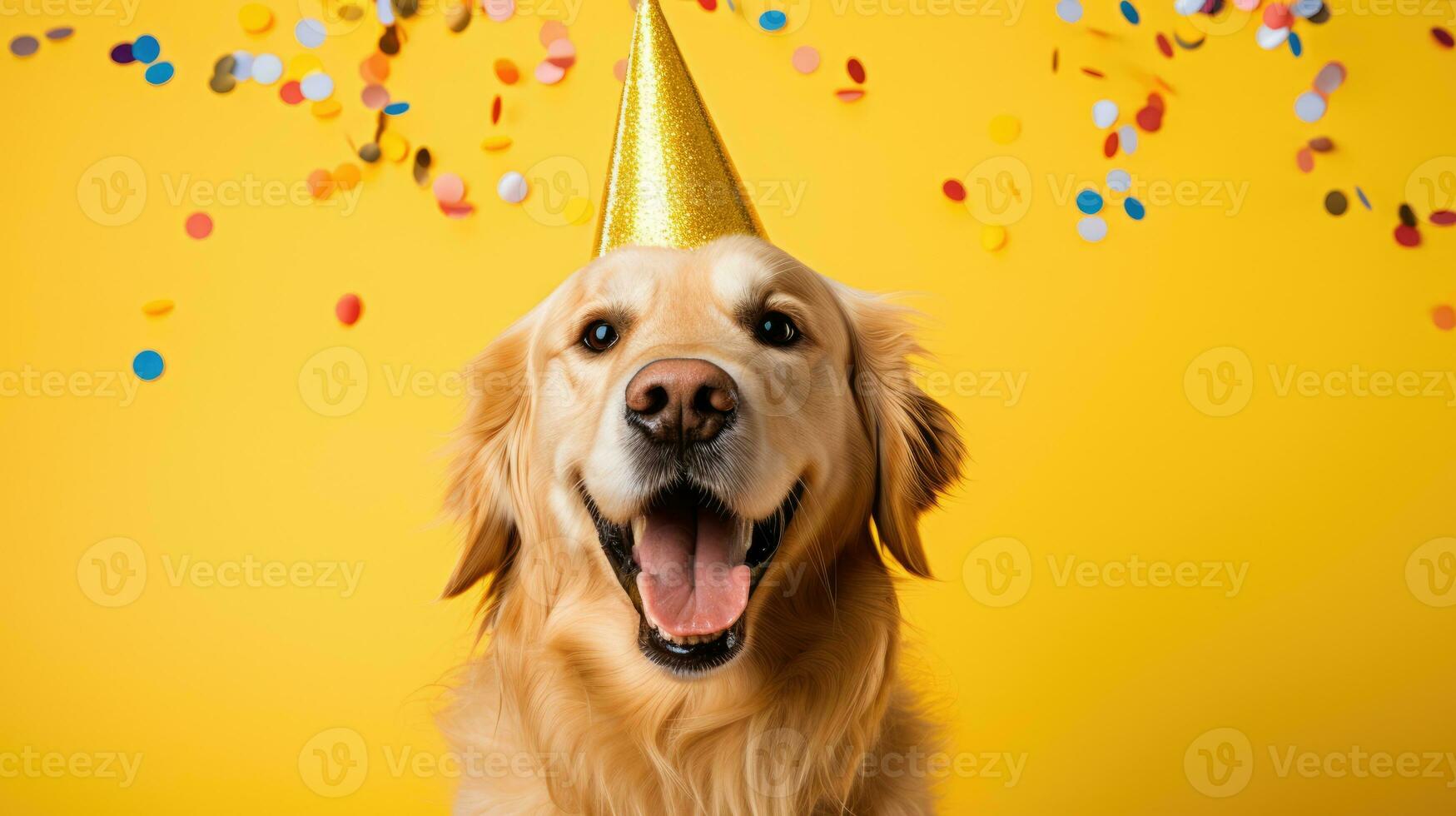 Happy golden retriever dog celebrating birthday AI Generative photo