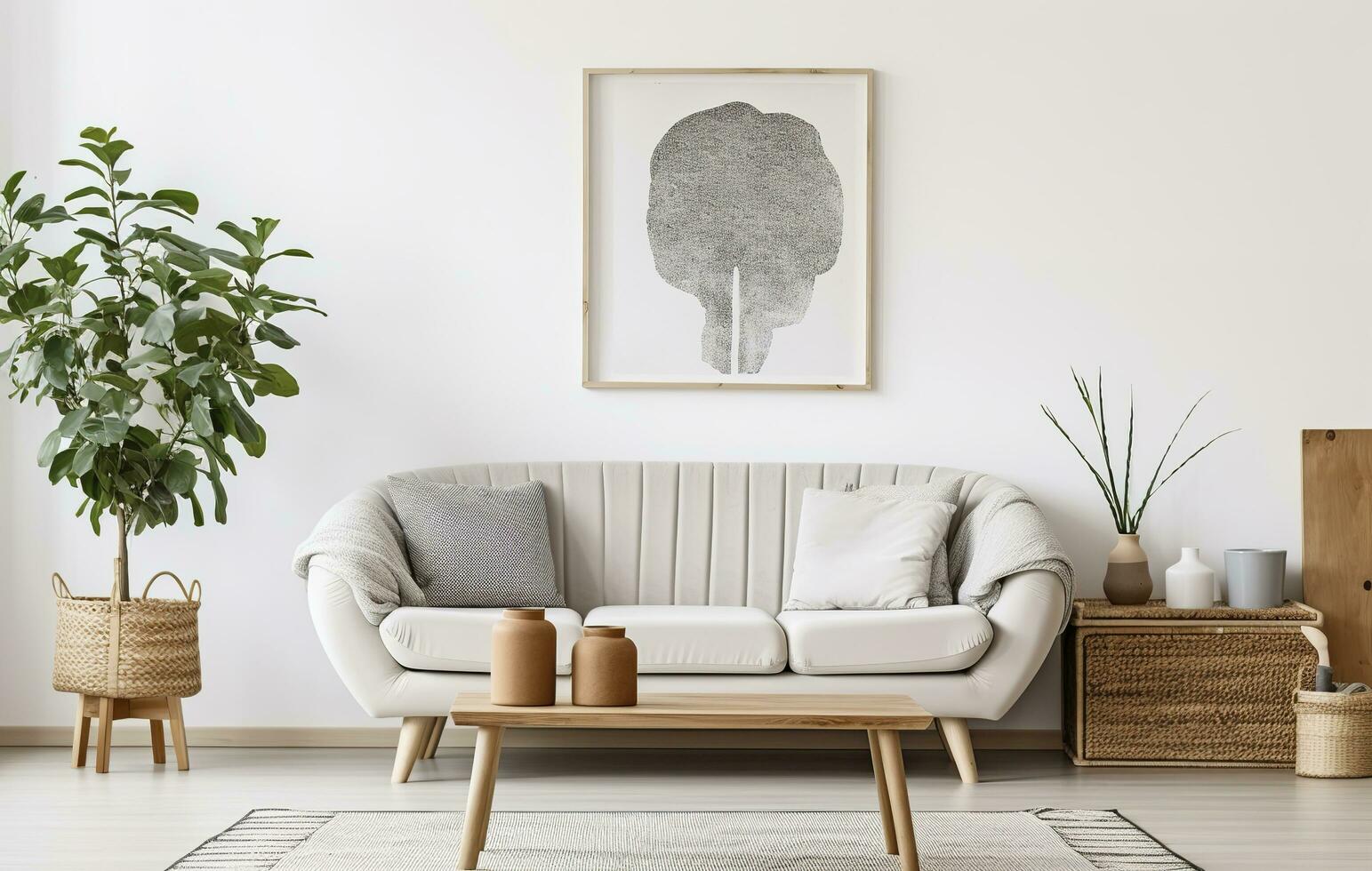 Boho open space interior in a cozy apartment with a design. Generative AI photo