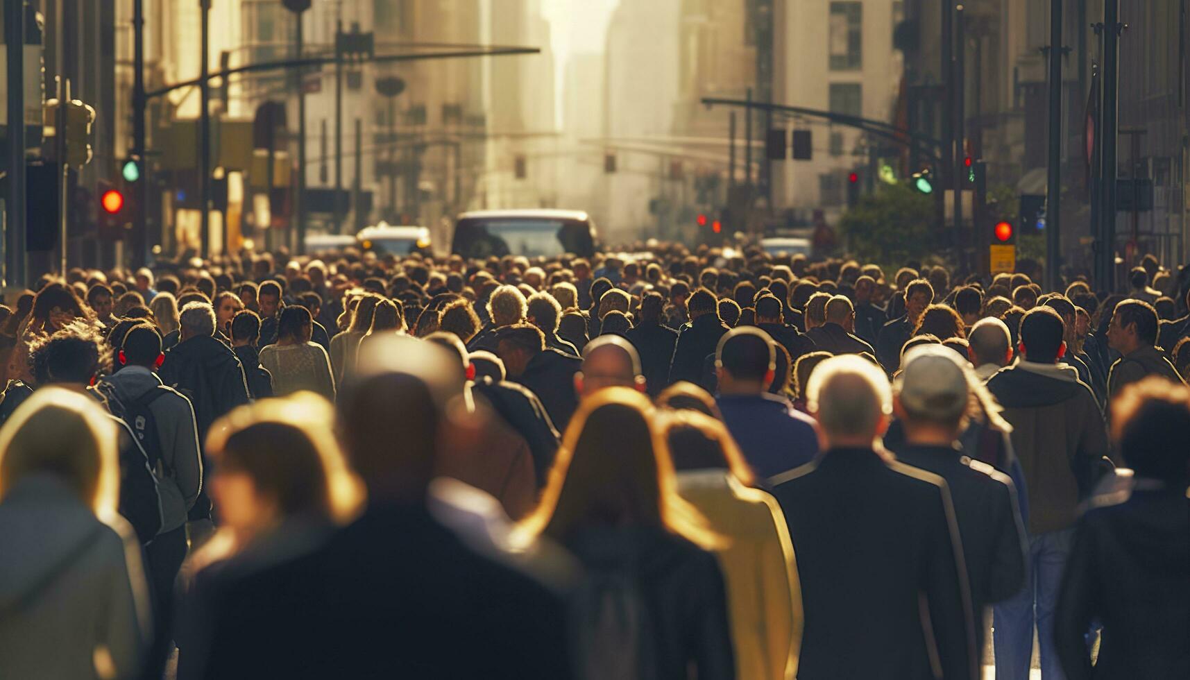 Crowd of people walking busy city street backlit. Generative AI photo