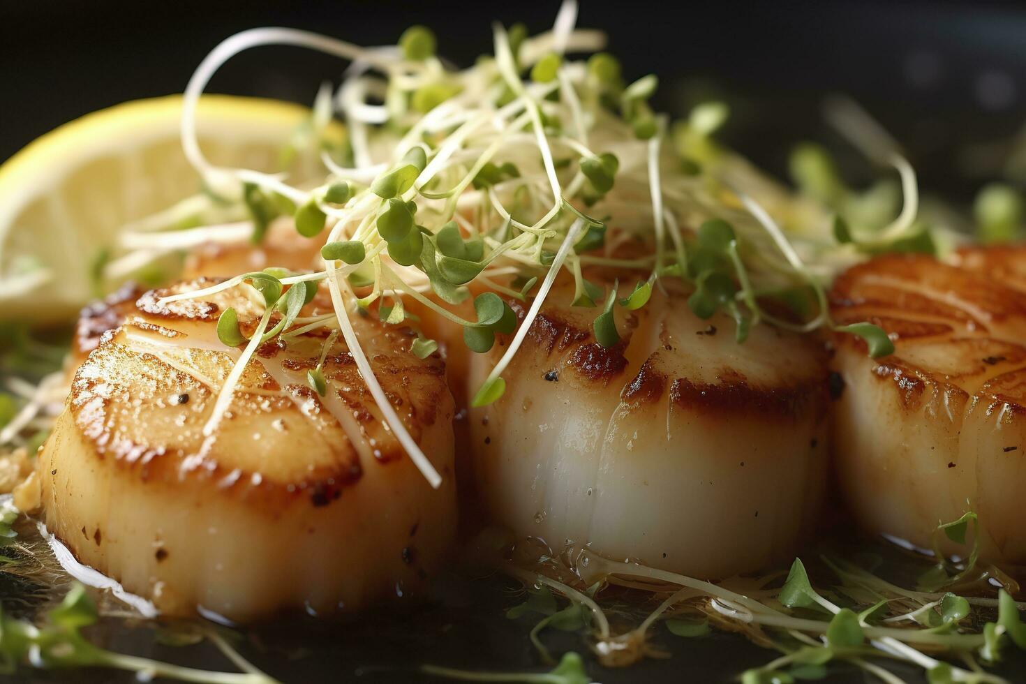 Closeup of pan seared diver scallops with lemon beurre blanc. Generative AI 32353263 Stock Photo