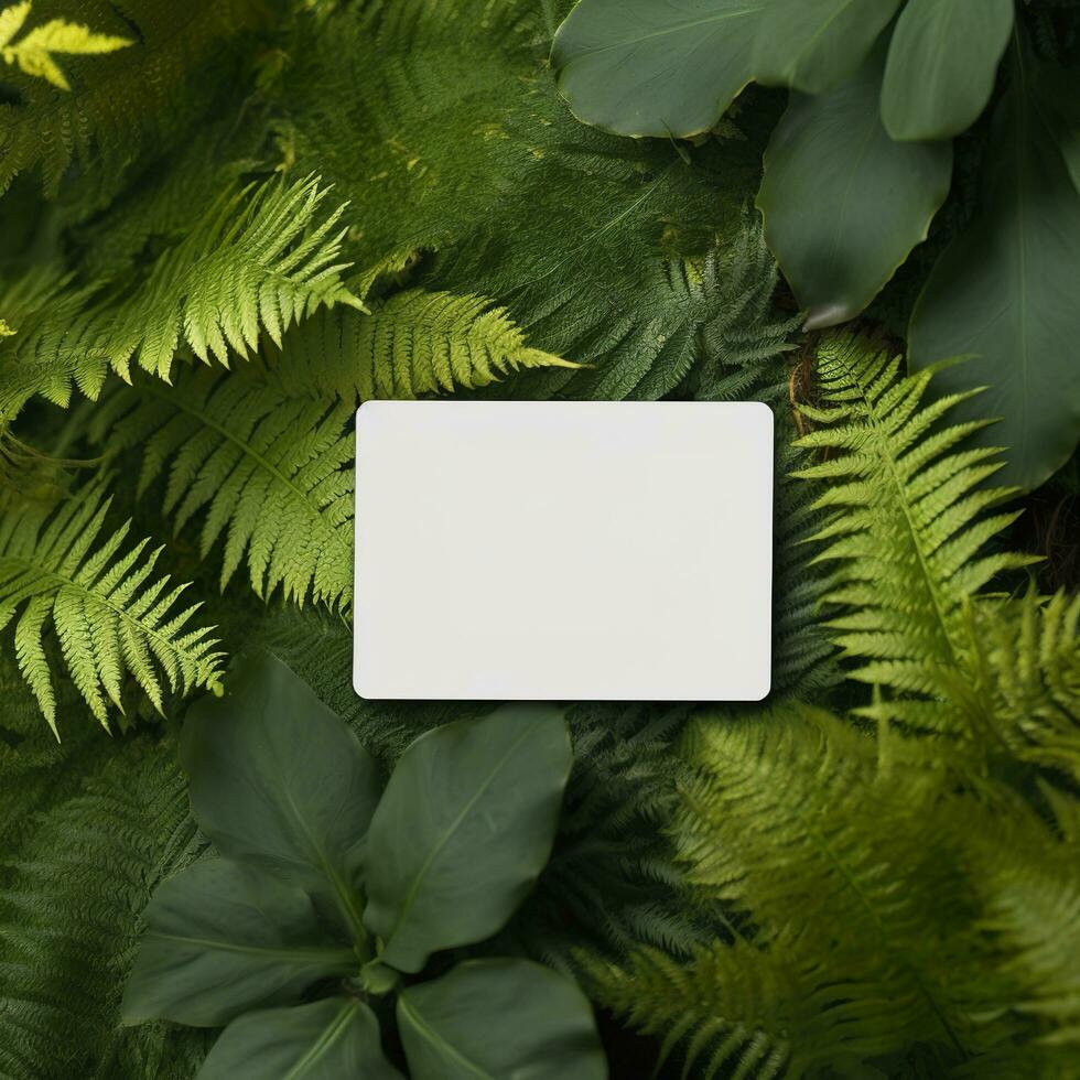 Blank business card on green leaves background. Generative AI photo