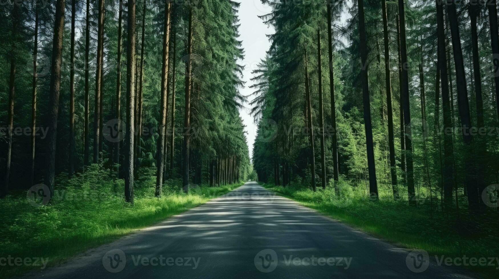 bosque con alto arboles la carretera en el centrar ai generativo foto