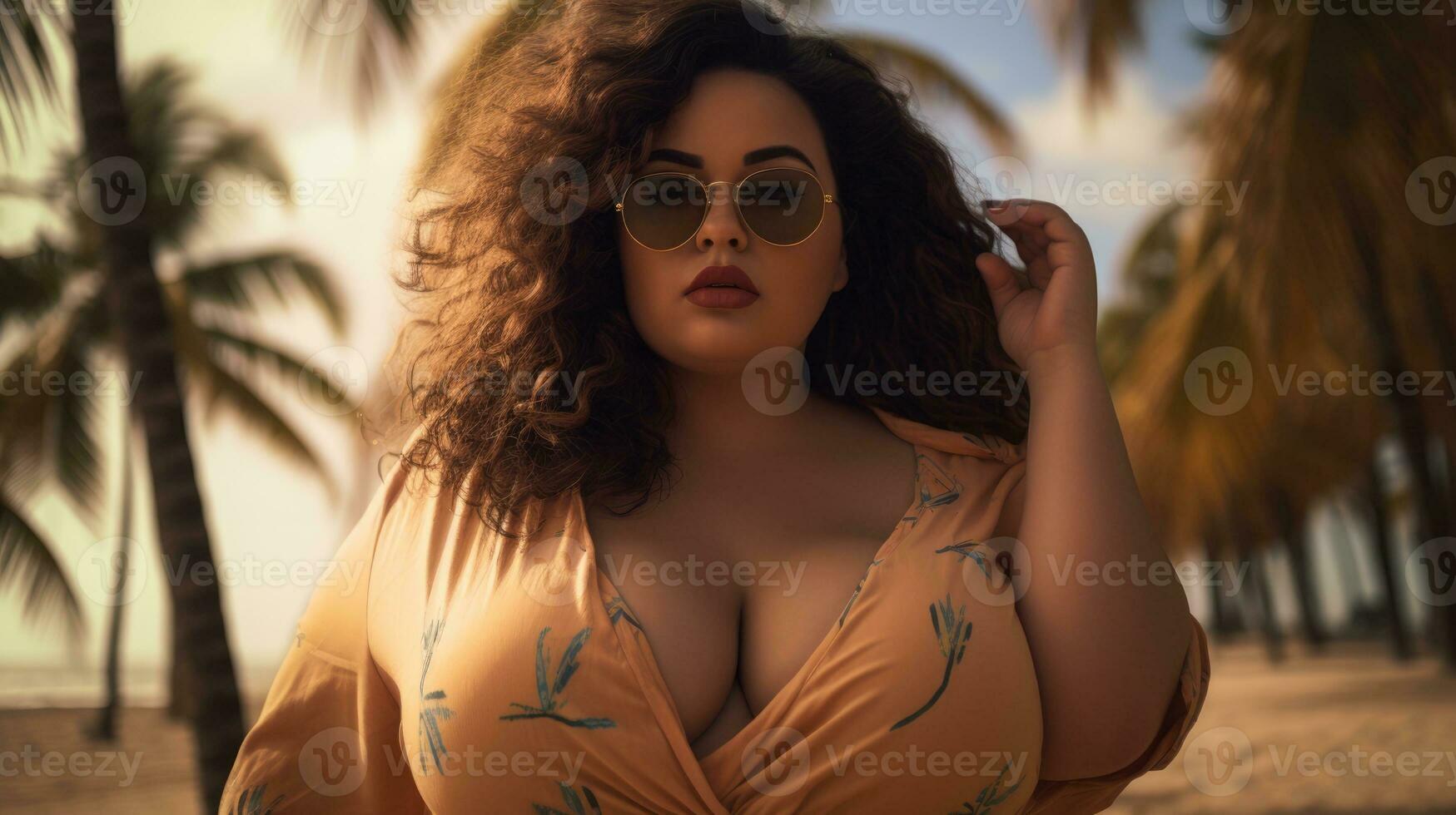 Beautiful and confident plus size woman having fun at the beach. AI Generative photo