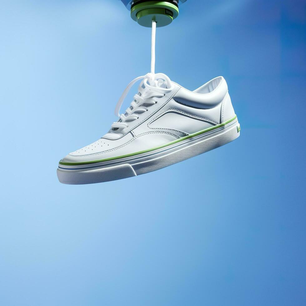 A white, blue, and green casual shoe is suspended in the air, in the style of hazy, dreamlike quality, AI Generative photo
