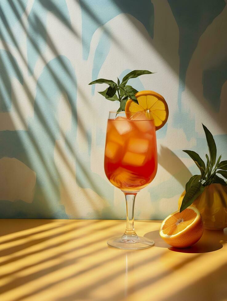 Aperol spritz summer drink in glass with shadows, tropical background. Generative AI photo