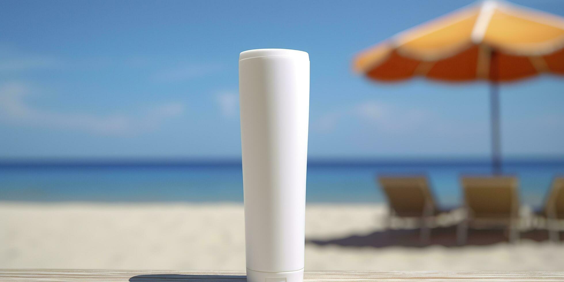 blanco vacío blanco el plastico tubo. protector solar loción en un arenoso playa, verano composición con Gafas de sol, azul mar como fondo, Copiar espacio. verano vacaciones y piel cuidado concepto, ai generativo foto