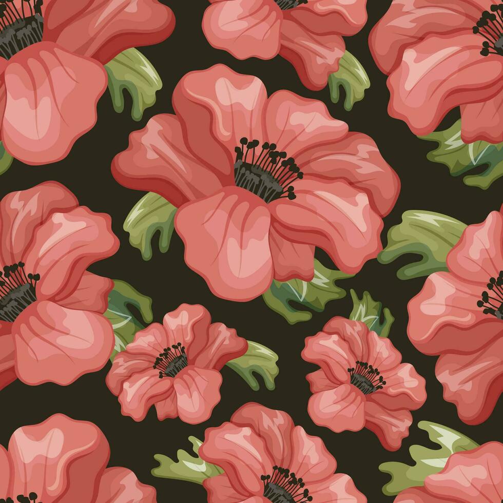 Beautiful cartoon blooming red Anemone flower. Vector seamless pattern, Natural plant on a stem, bud with petals.