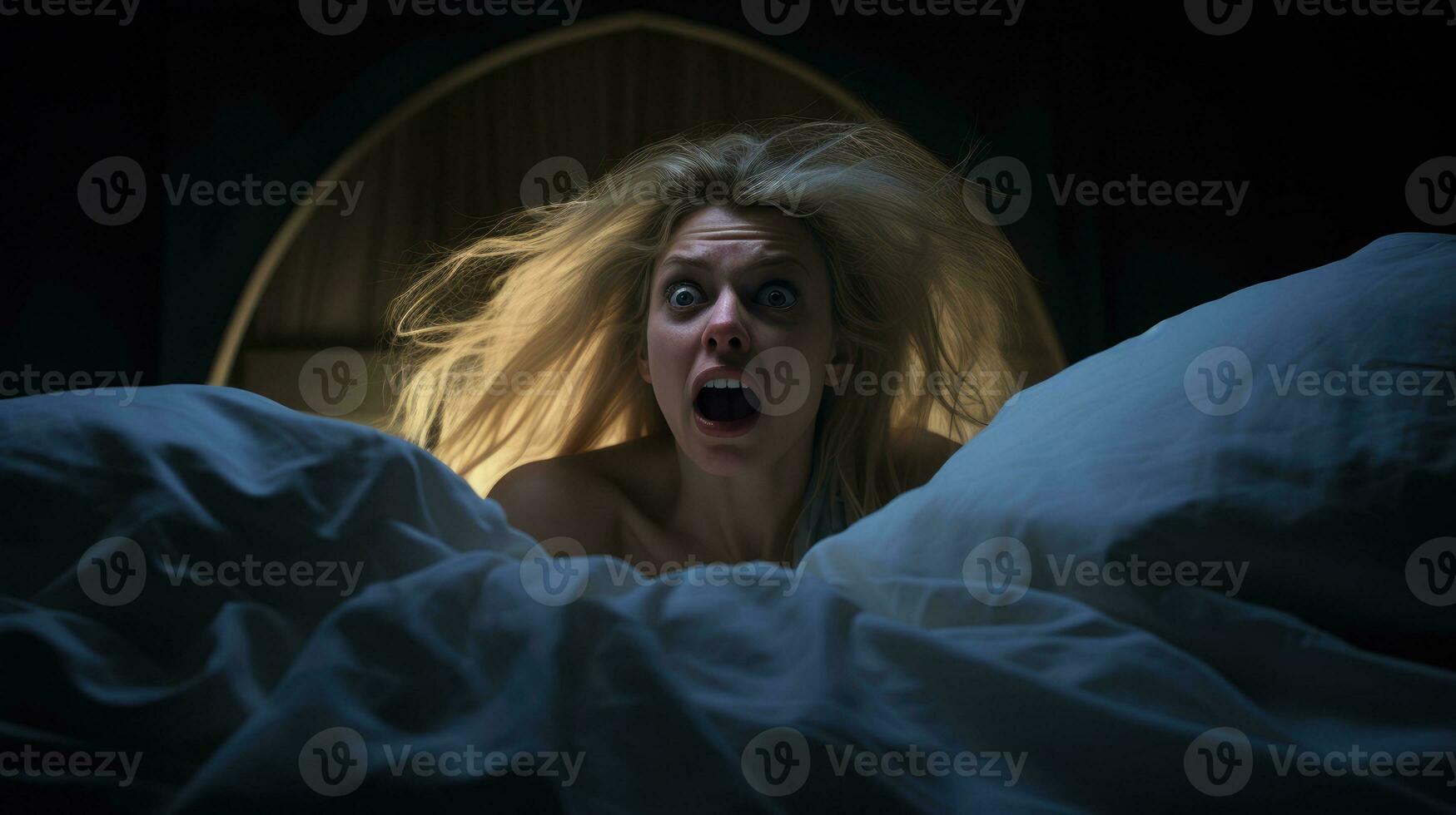 AI Generative Woman suffering from nightmares lying in her bed photo