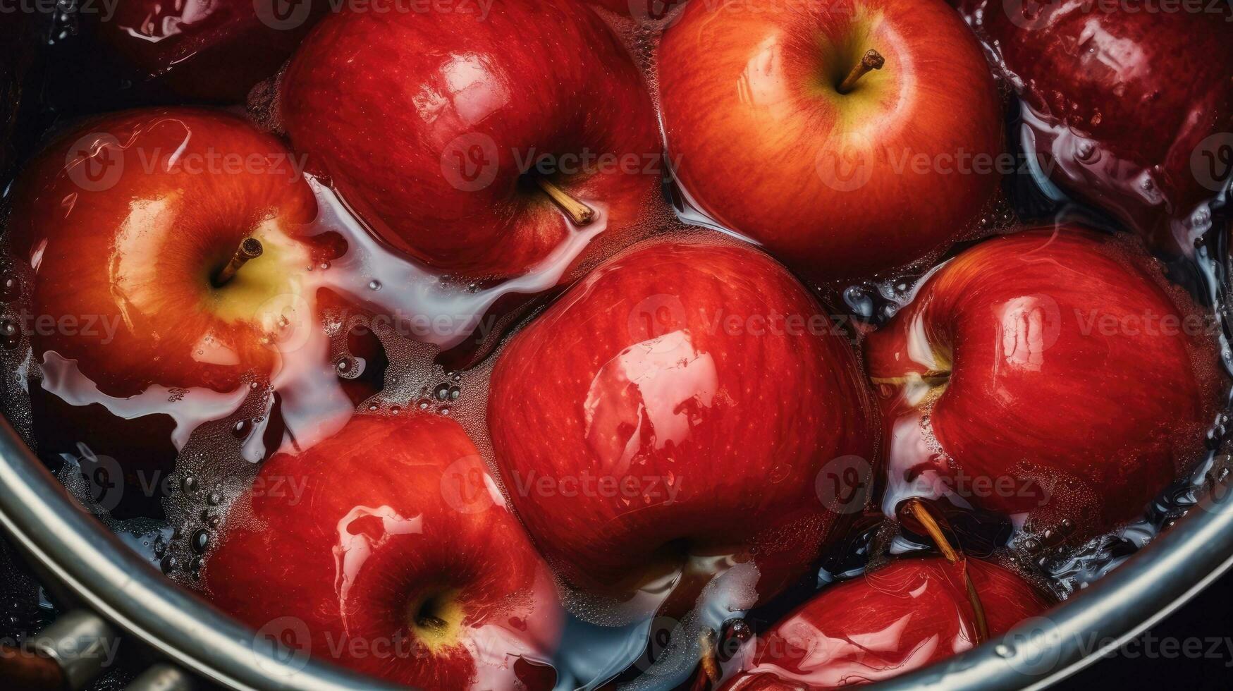 Tub or barrel filled with water and apples for Halloween custom of Apple Bobbing AI Generative photo