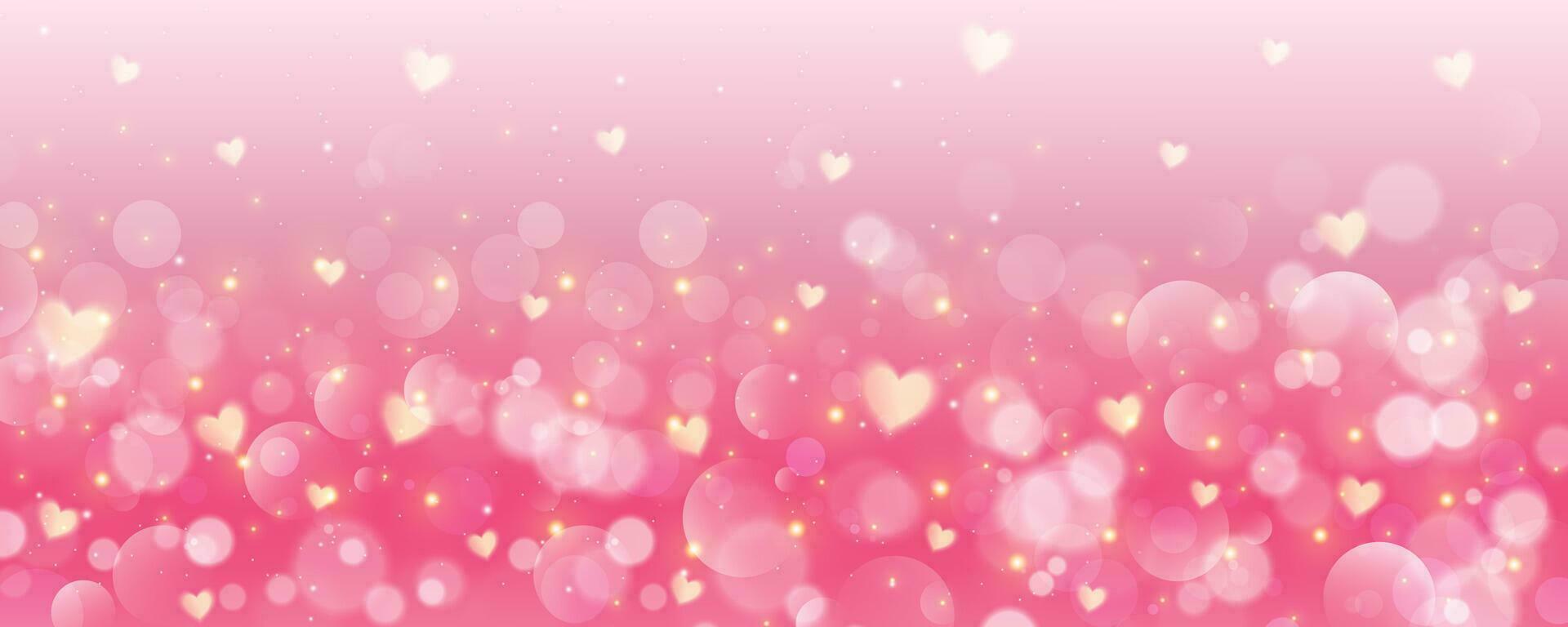 rosado antecedentes con corazones. encantador pastel degradado con Brillantina bokeh y estrellas. enamorado día fondo de pantalla. fantasía romántico vector cielo.