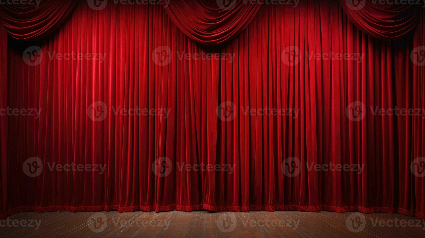 AI Generative Closed crumpled red curtain over empty theater stage. photo