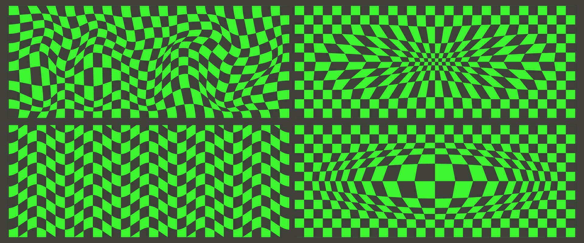 Checkerboard pattern. Black and green psychedelic wavy backgrounds set. Abstract grid warp texture. Y2k chessboard rave geometric design. Vector illustration.