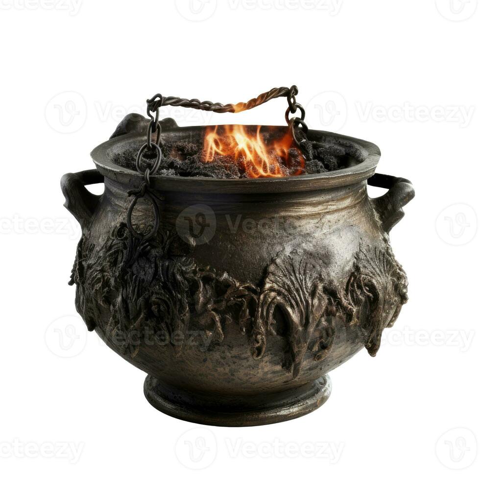 Black cauldron for witches on white background AI Generative photo