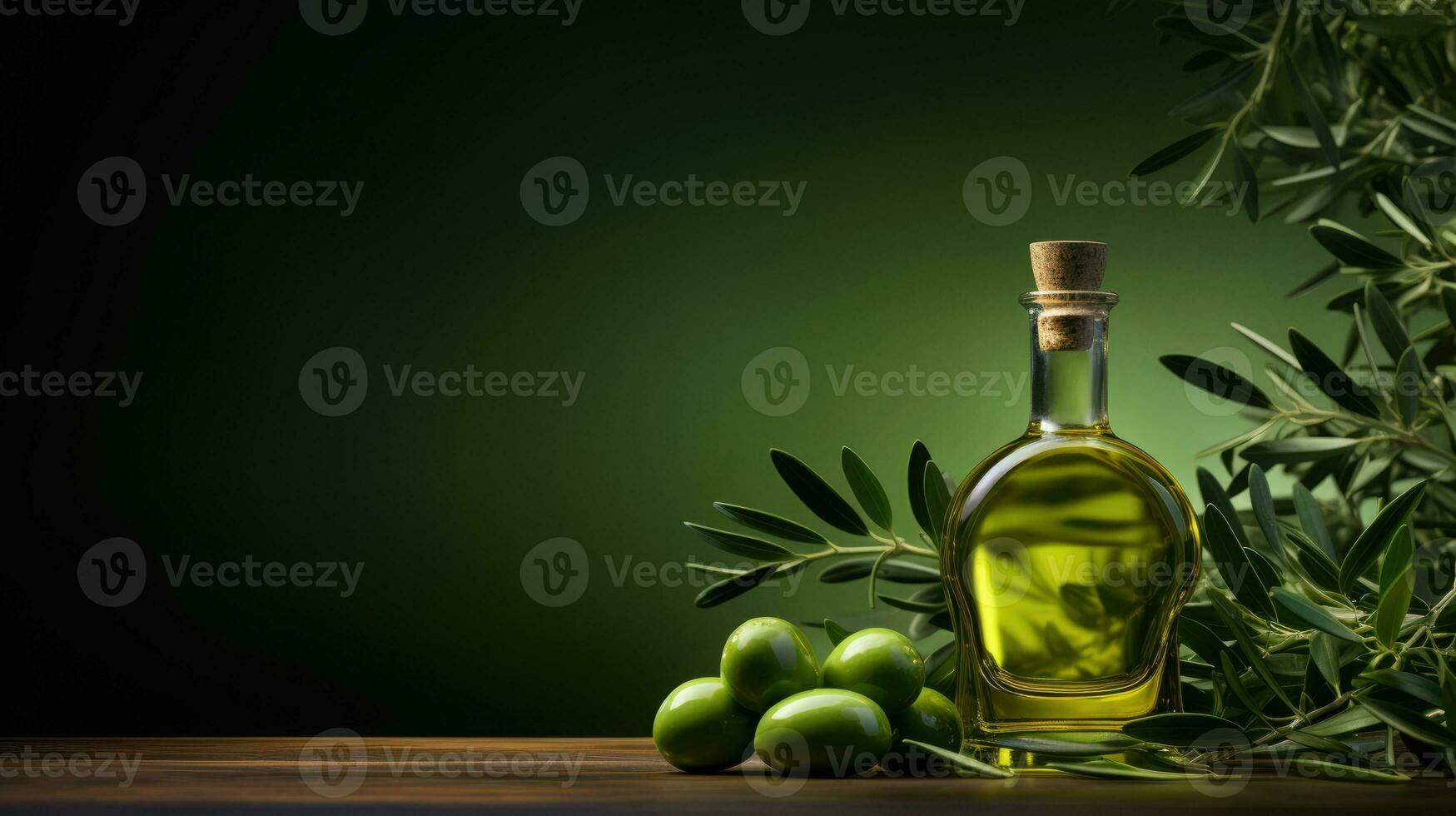 Olive oil of golden color in a transparent jug. Olives in a glass vase AI Generative photo