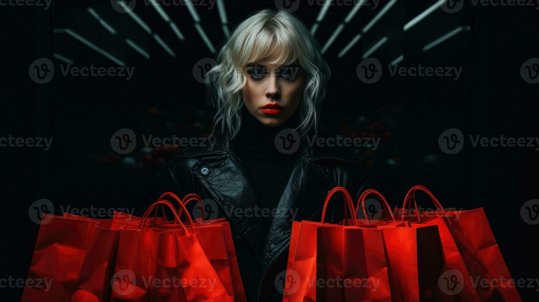 Stylish woman in jacket with shopping bags. On a black background. AI Generative photo