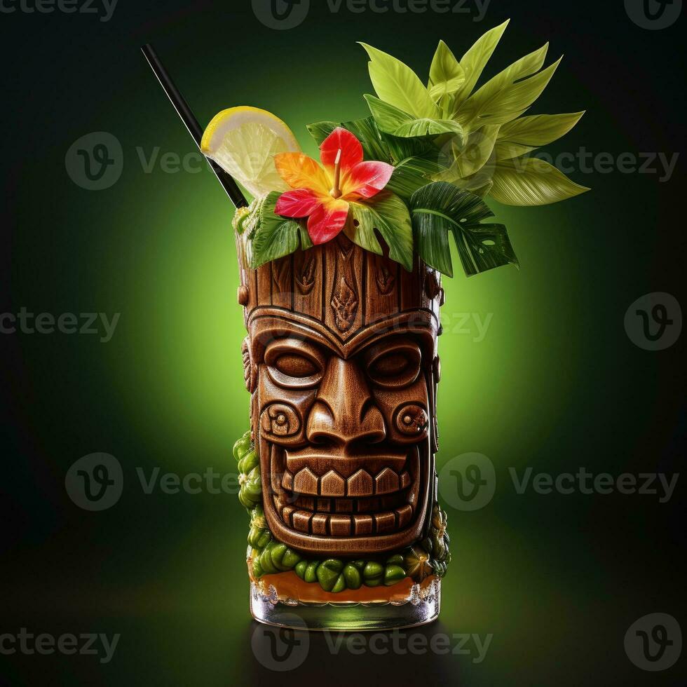 Tropical cocktail served in a tiki style glass and garnished with fruits. AI Generative photo