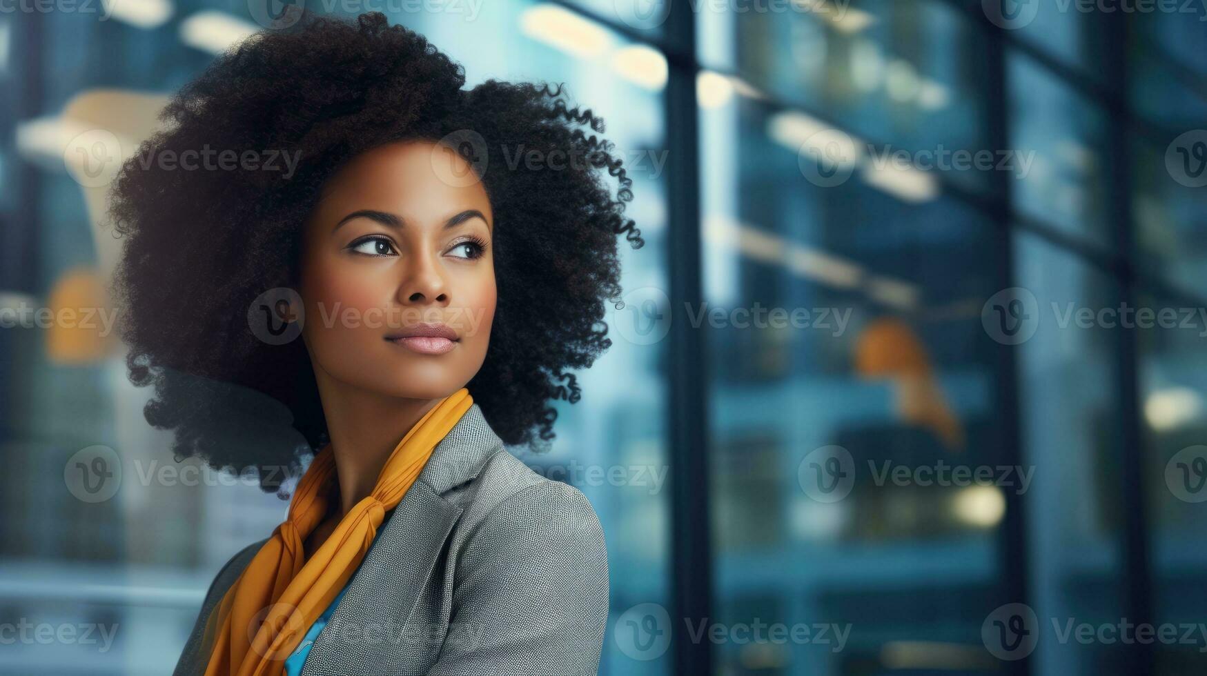 ai generativo hermosa negro mujer en contra borroso oficina antecedentes. moderno negocio dama. foto